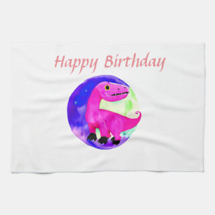 Pink purple green watercolor dinosaur birthday  tea towel