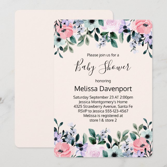 Pink Purple Green Watercolor Floral Baby Shower Invitation (Front/Back)