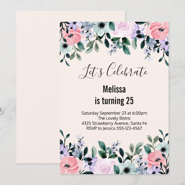  Pink Purple Green Watercolor Floral Birthday Invitation (Front/Back)