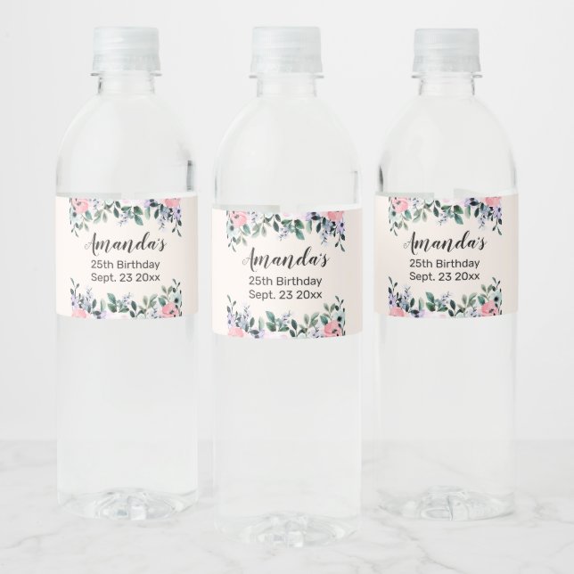 Pink Purple & Green Watercolor Floral Border Water Bottle Label (Bottles)