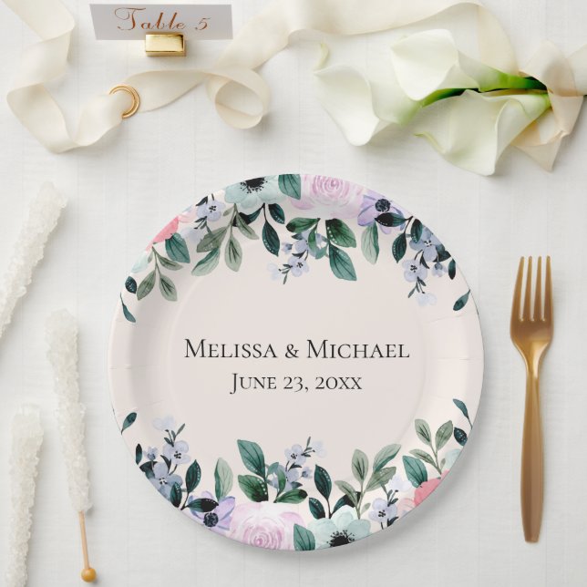 Pink Purple & Green Watercolor Floral Wedding Paper Plate (Wedding)