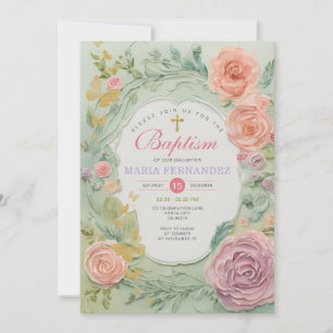 Pink Purple Greenery Girls Baptism Invitation 