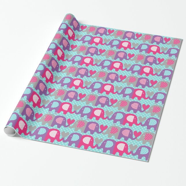 Pink, Purple, Grey Elephant Love Wrapping Paper (Unrolled)
