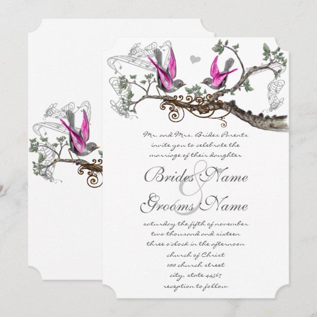 Pink Purple & Grey Vintage Birds Wedding Invitation (Front/Back)