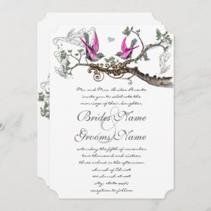 Pink Purple & Grey Vintage Birds Wedding Invitation