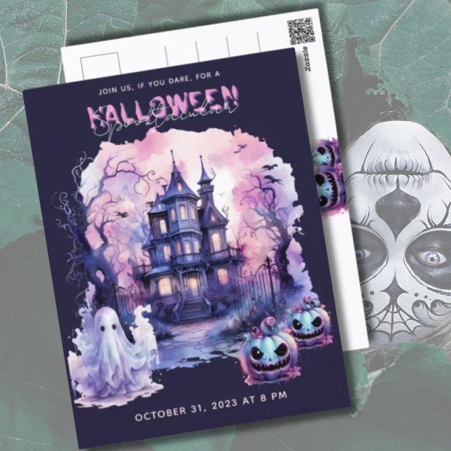 Pink Purple Halloween Spooktacular Party Holiday Postcard (Goth-style Pink Purple Halloween Party Invitation Postcard)