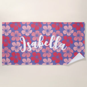 Pink Purple Hawaiian Flowers Personalised Name Beach Towel