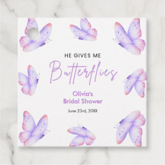 Pink Purple He Gives Me Butterflies Bridal Shower Favour Tags