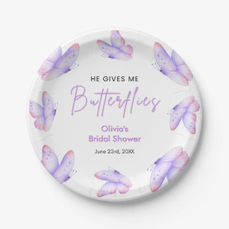 Pink Purple He Gives Me Butterflies Bridal Shower Paper Plate