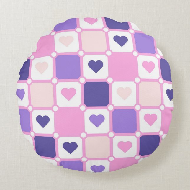 PINK & PURPLE HEARTS AND PLAID PATTERNS ROUND CUSHION (Front)