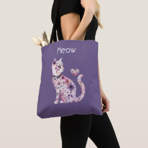 Pink Purple Hearts Floral Cat Meow Tote Bag