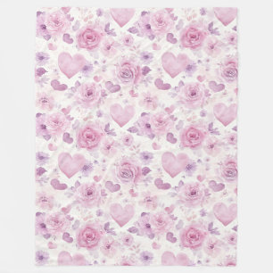 Pink Purple Hearts Flowers Birthday Fleece Blanket