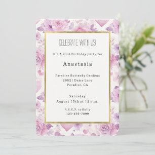 Pink Purple Hearts Flowers Birthday Invitation