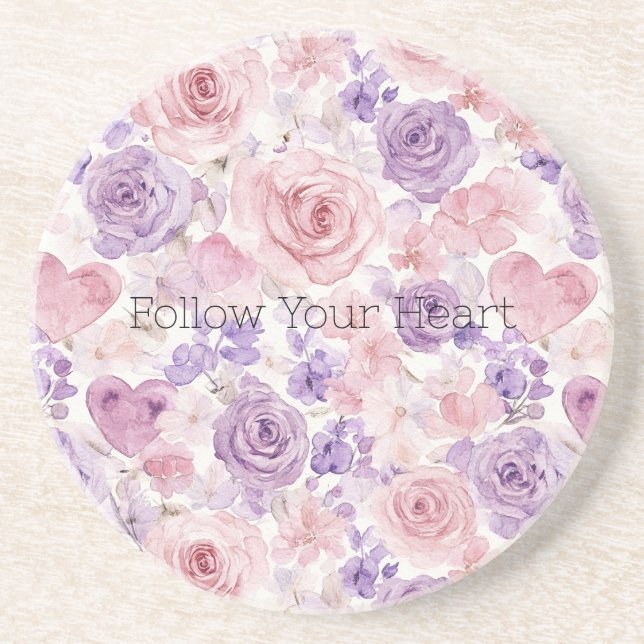 Pink Purple Hearts Flowers Coaster (Front)