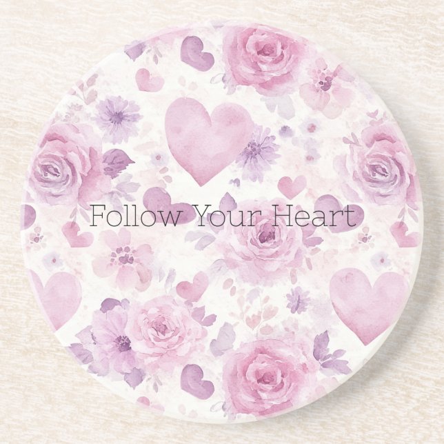 Pink Purple Hearts Flowers Coaster (Front)