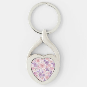 Pink Purple Hearts Flowers Key Ring