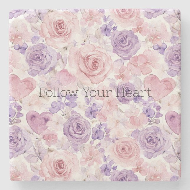 Pink Purple Hearts Flowers Stone Coaster (Front)
