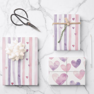 Pink Purple Hearts Stripes Birthday Wrapping Paper Sheet