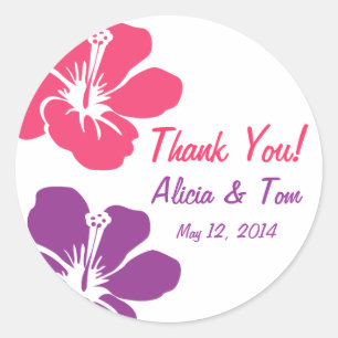 Pink Purple Hibiscus Wedding Thank You Sticker