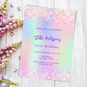 Pink purple holographic 21st birthday invitation
