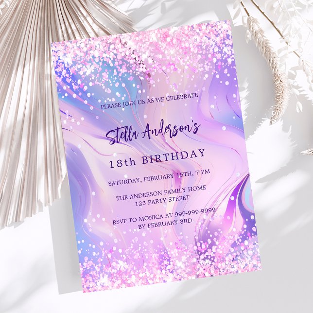 Pink purple holographic birthday luxury invitation (Creator Uploaded)