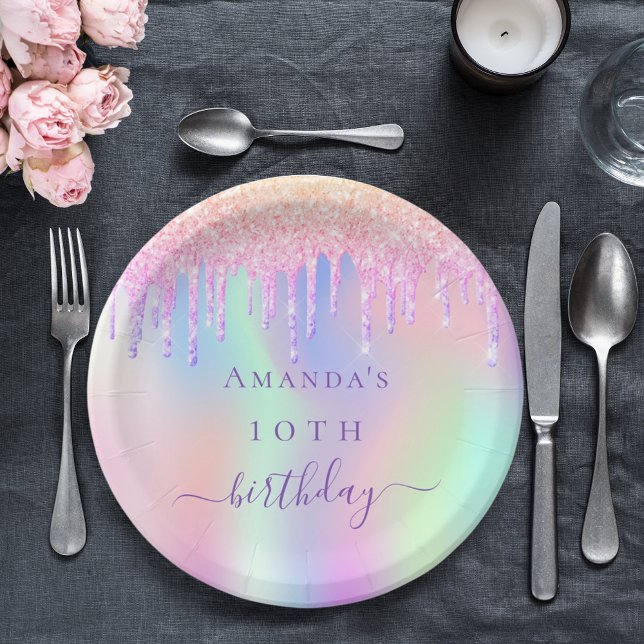 Pink purple holographic birthday party paper plate (Creator Uploaded)