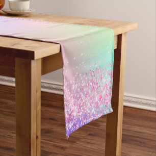 Pink purple holographic comfetti short table runner