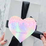 Pink purple holographic drips birthday heart sticker<br><div class="desc">A trendy holographic background with unicorn and rainbow pastel colors in pink,  purple,  mint green. Decorated with drips in pink and purple. Purple colored letters. Personalize and add your name written with a mothern hand lettered style script.  Perfect for a birthday party,  bridal shower or baby shower.</div>
