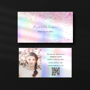 Pink purple holographic glitter photo qr code business card