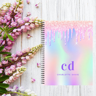 Pink purple holographic monogram diary notebook