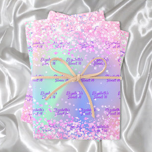 Pink purple holographic name confetti Sweet 16 Wrapping Paper Sheet