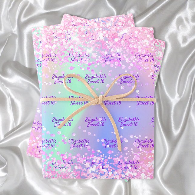 Pink purple holographic name confetti Sweet 16 Wrapping Paper Sheet (Creator Uploaded)