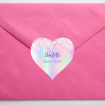 Pink purple holographic name school heart sticker<br><div class="desc">A trendy holographic background in pink,  purple,  mint green. Decorated with confetti.  Purple coloured letters. Personalise and add your name.  Perfect for a marking your school belongings.</div>