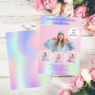 Pink purple holographic photo birthday invitation