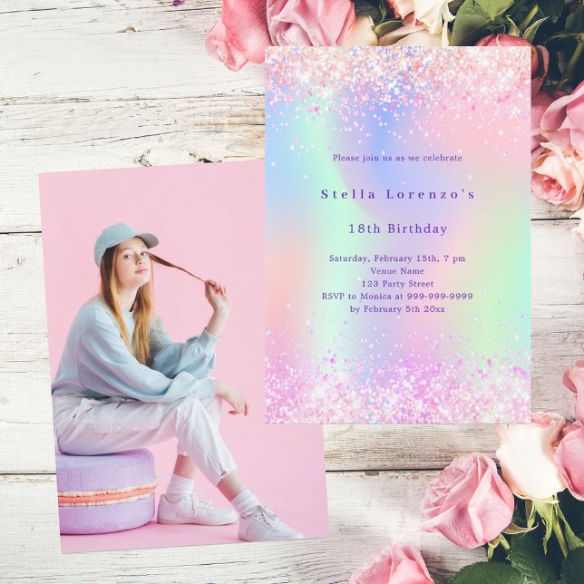 Pink purple holographic photo birthday invitation (Creator Uploaded)