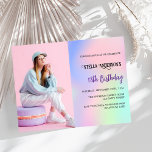 Pink purple holographic photo budget birthday<br><div class="desc">A pink,  purple,  mint green holographic background.  Personalise and add a photo and party details. 

1 sheet = 1 invitation printed edge to edge.</div>