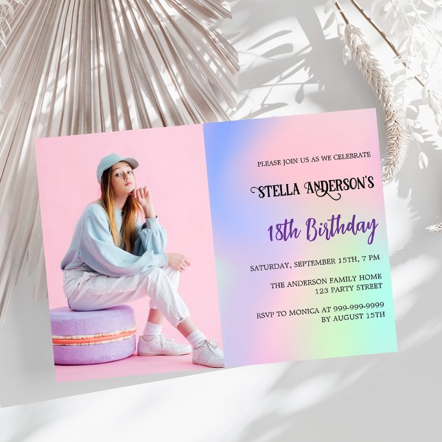 Pink purple holographic photo luxury birthday invitation (Creator Uploaded)
