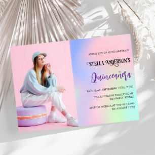 Pink purple holographic photo luxury Quinceanera Invitation