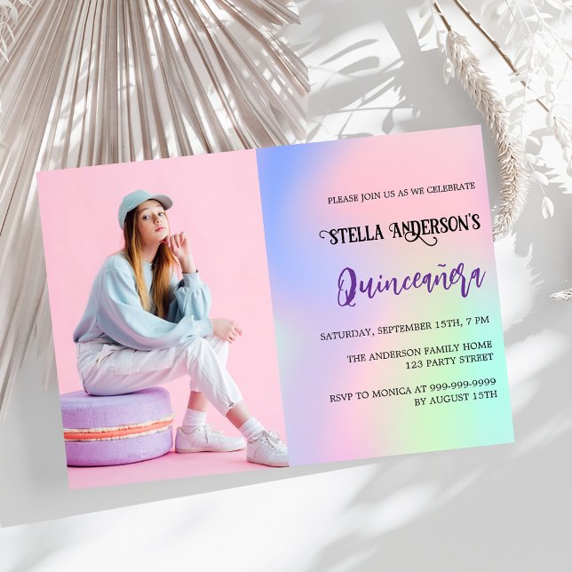 Pink purple holographic photo Quinceanera Invitation (Creator Uploaded)