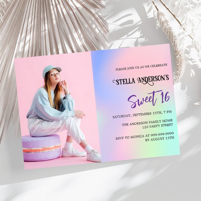 Pink purple holographic photo Sweet 16 Invitation (Creator Uploaded)