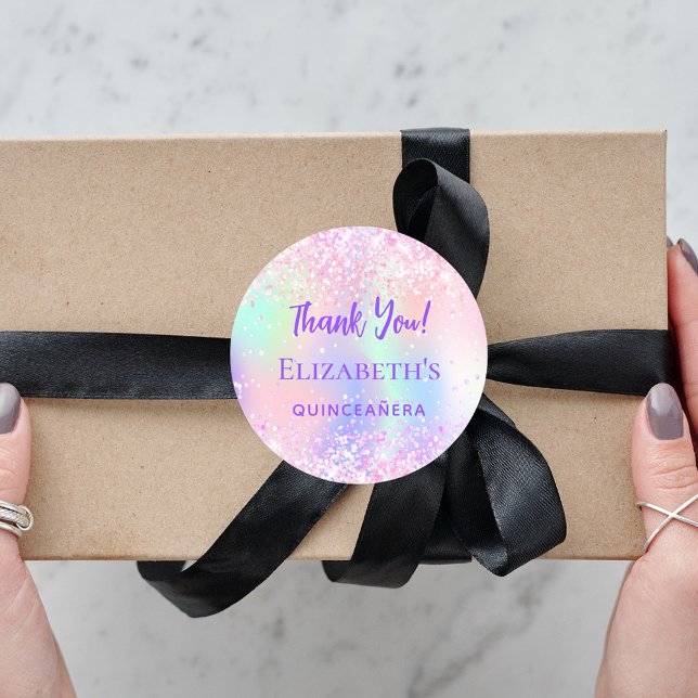 Pink purple holographic Quinceanera Thank You Classic Round Sticker (Creator Uploaded)