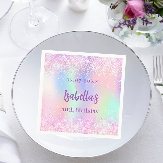Pink purple holographic sparkles birthday party napkin (Creator Uploaded)
