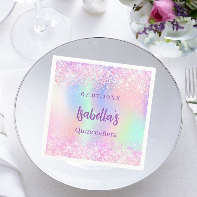 Pink purple holographic sparkles Quinceanera Napkin (Creator Uploaded)