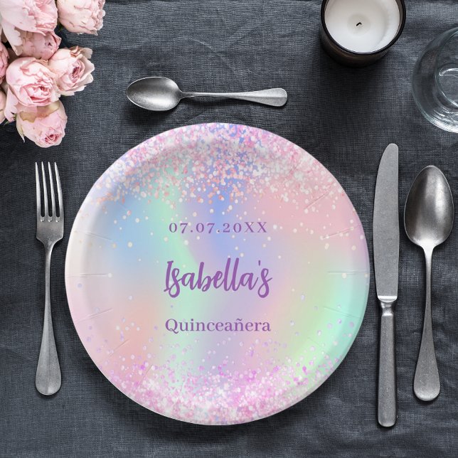 Pink purple holographic sparkles Quinceanera Paper Plate (Creator Uploaded)