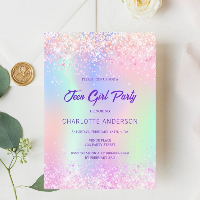 Pink purple holographic teen girl birthday party invitation (Creator Uploaded)