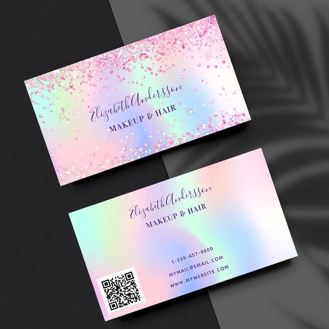 Pink purple holograpic glitter makeup hair qr code business card (Creator Uploaded)
