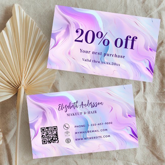 Pink purple holograpic qr code business discount card (Creator Uploaded)