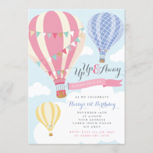 Pink & Purple Hot Air Balloon Birthday Invitation
