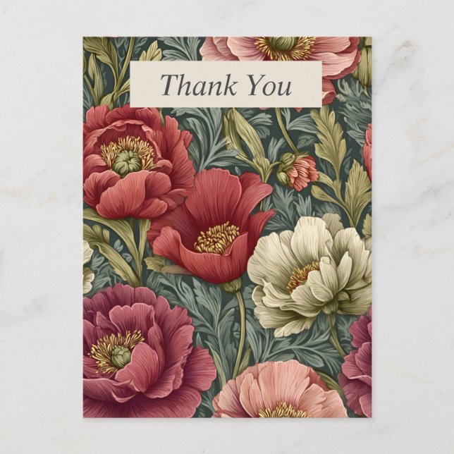 Pink, Purple & Ivory Floral on Grey Thank You Card (Front)