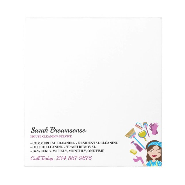 Pink Purple Janitorial Cartoon Cleaning Marketing Notepad (Front)